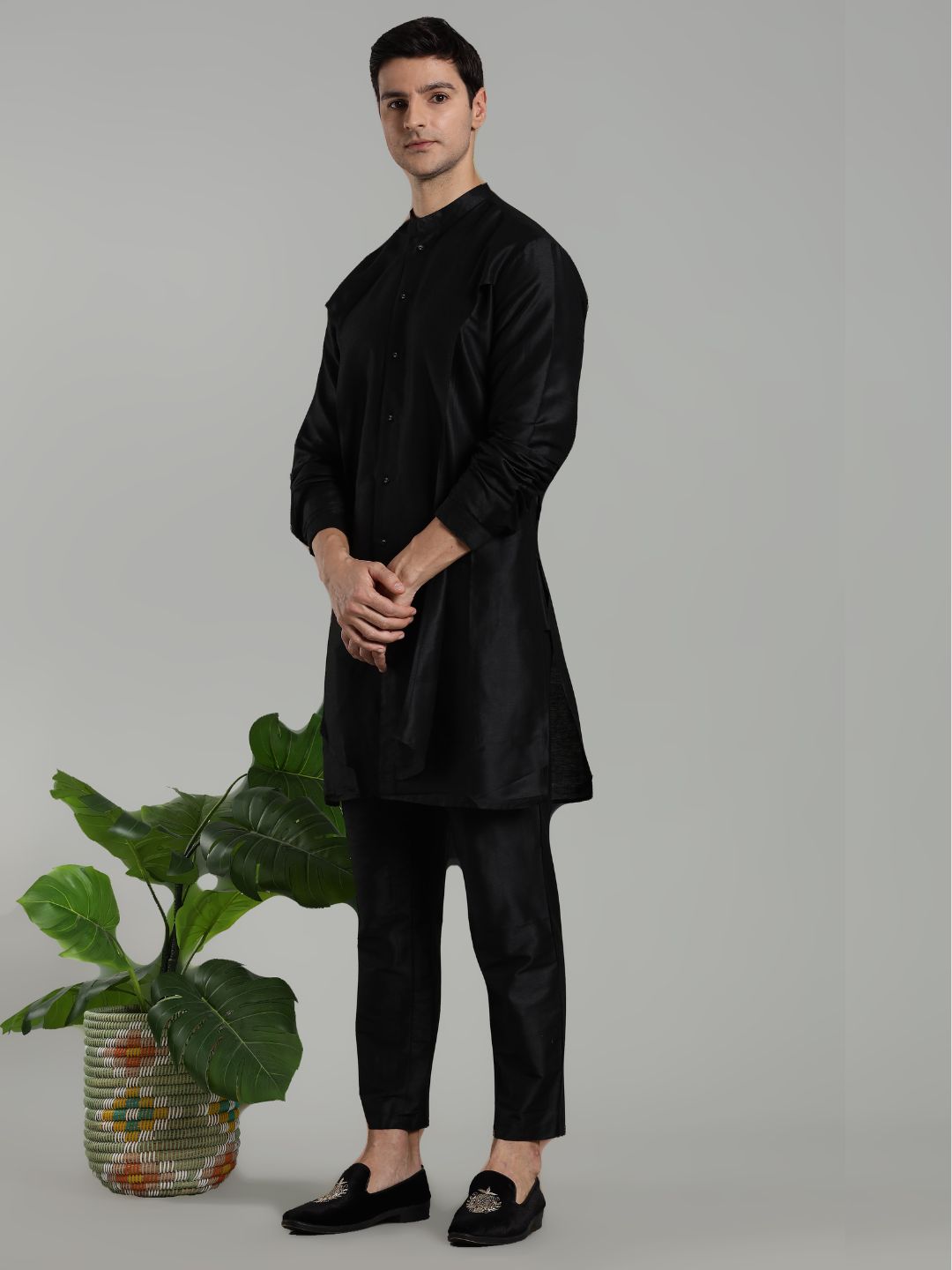Black Flap Detail Button Down Kurta