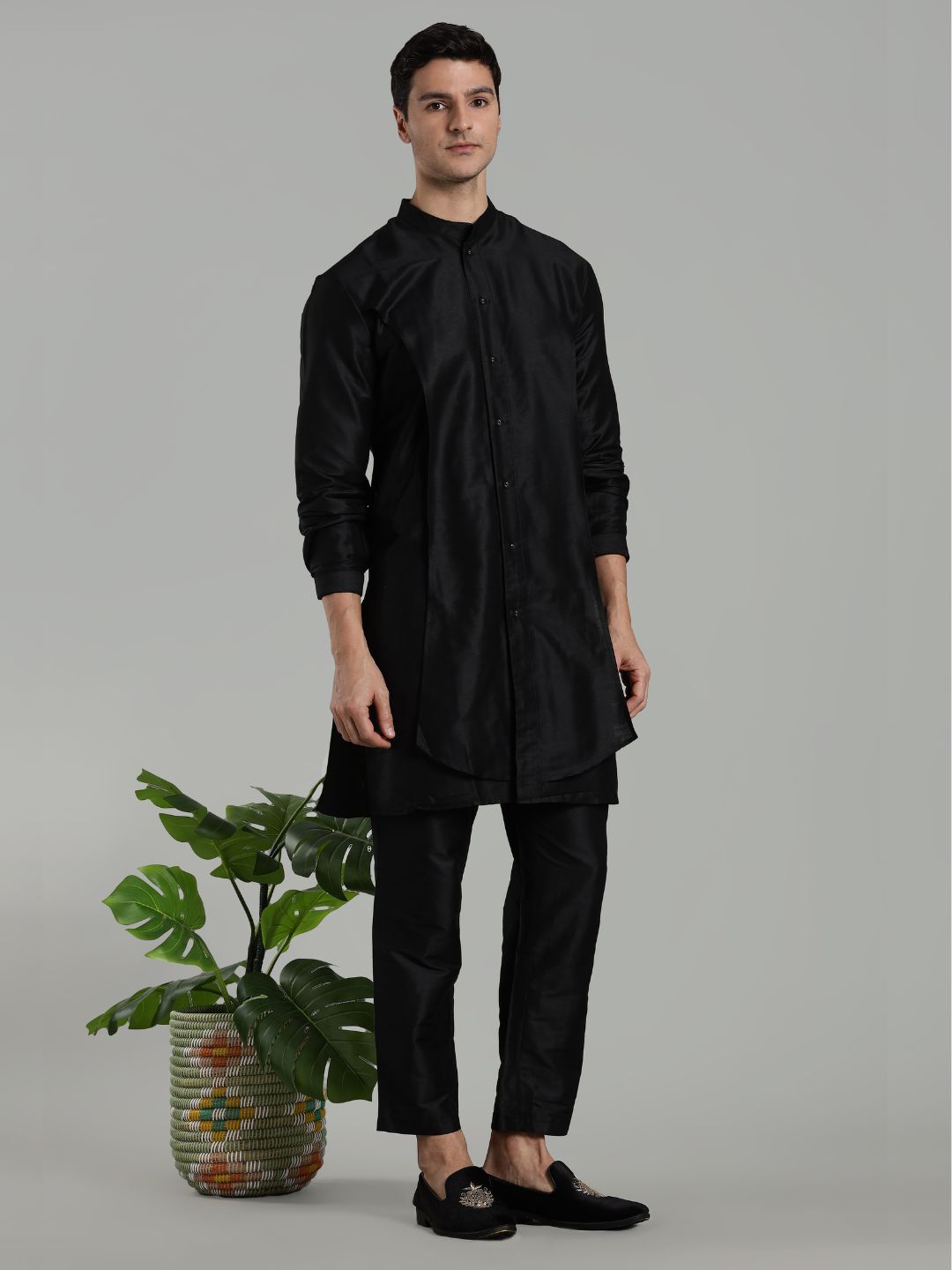 Black Flap Detail Button Down Kurta