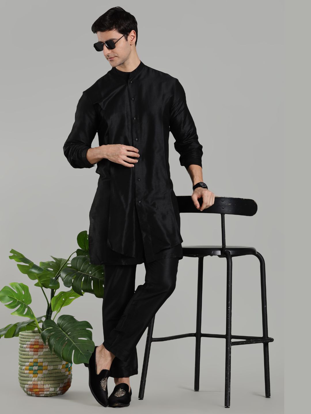 Black Flap Detail Button Down Kurta
