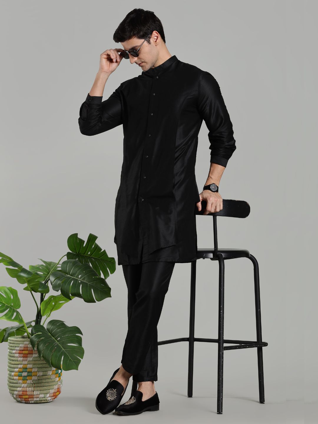 Black Flap Detail Button Down Kurta