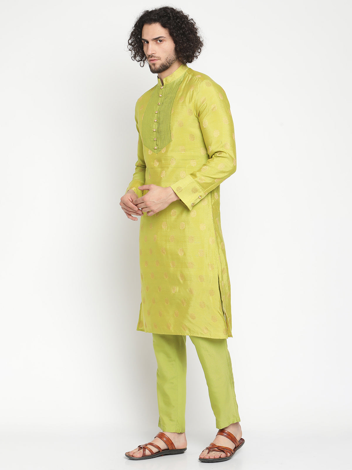 Men Macaw Green Banarasi Kurta With  Space Tucked Yoke