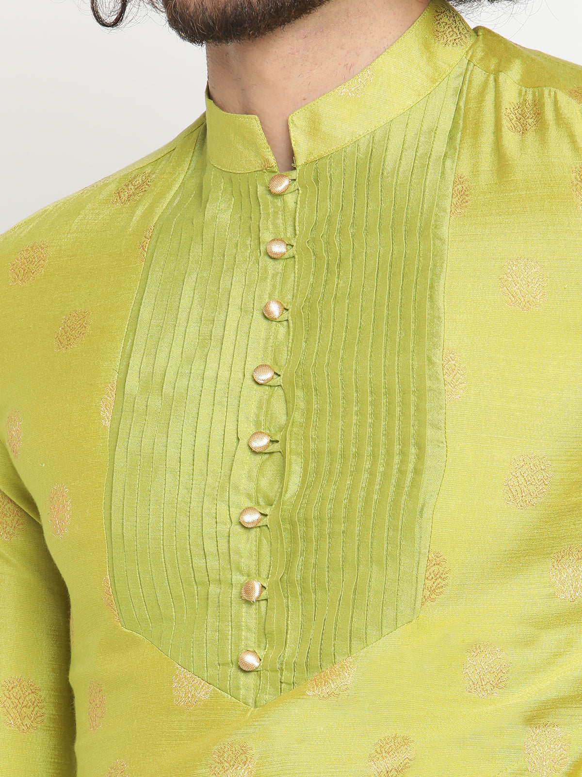 Men Macaw Green Banarasi Kurta With  Space Tucked Yoke