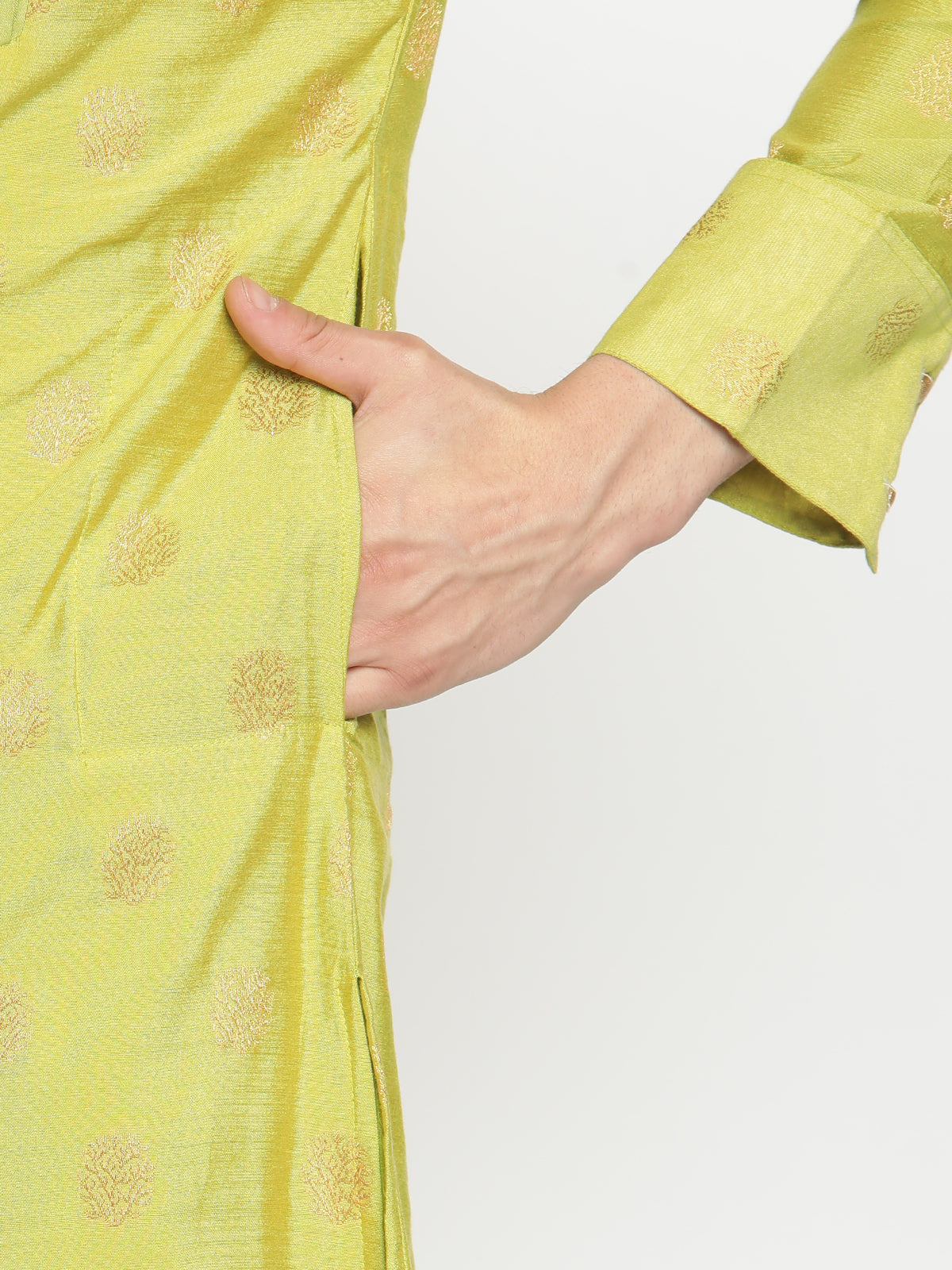 Men Macaw Green Banarasi Kurta With  Space Tucked Yoke
