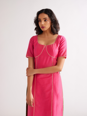 Scoop neckline kurta outlined with gota patti paired with pathani pants along with dupatta- Raspberry