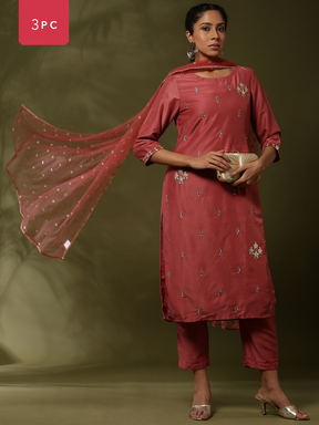 Embroidered straight kurta with solid straight pants and embroidered net dupatta-rose pink