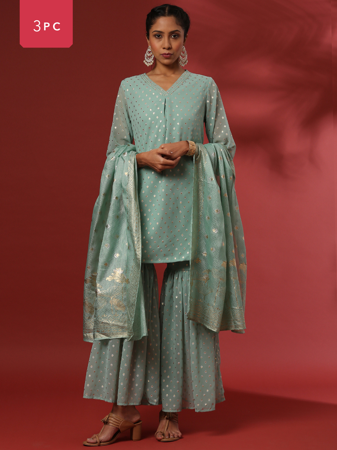 Foil print 3pc short kurta, garara set-mint