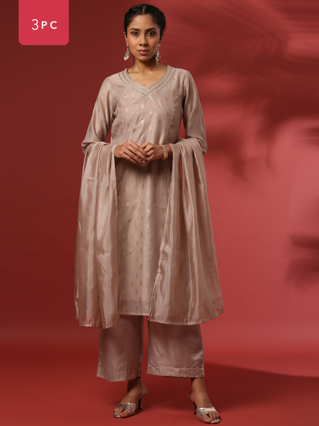 Foil print 3pc kurta set-beige