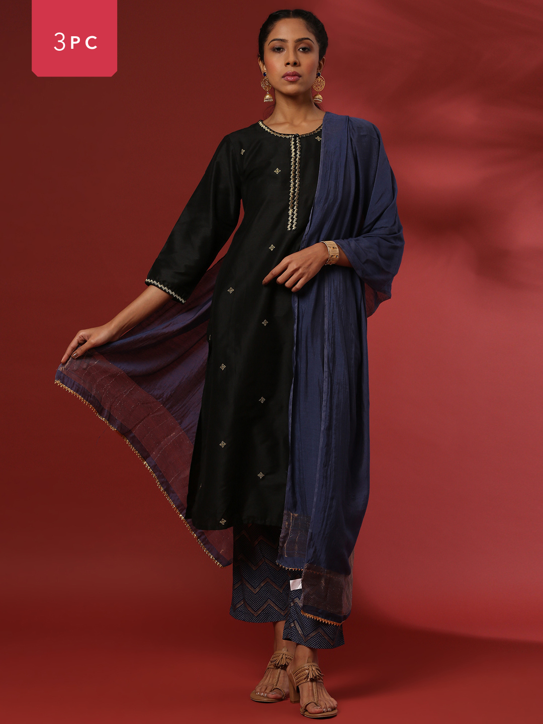 Zari embroidered 3pc kurta set with contrast color pant and dupatta- black