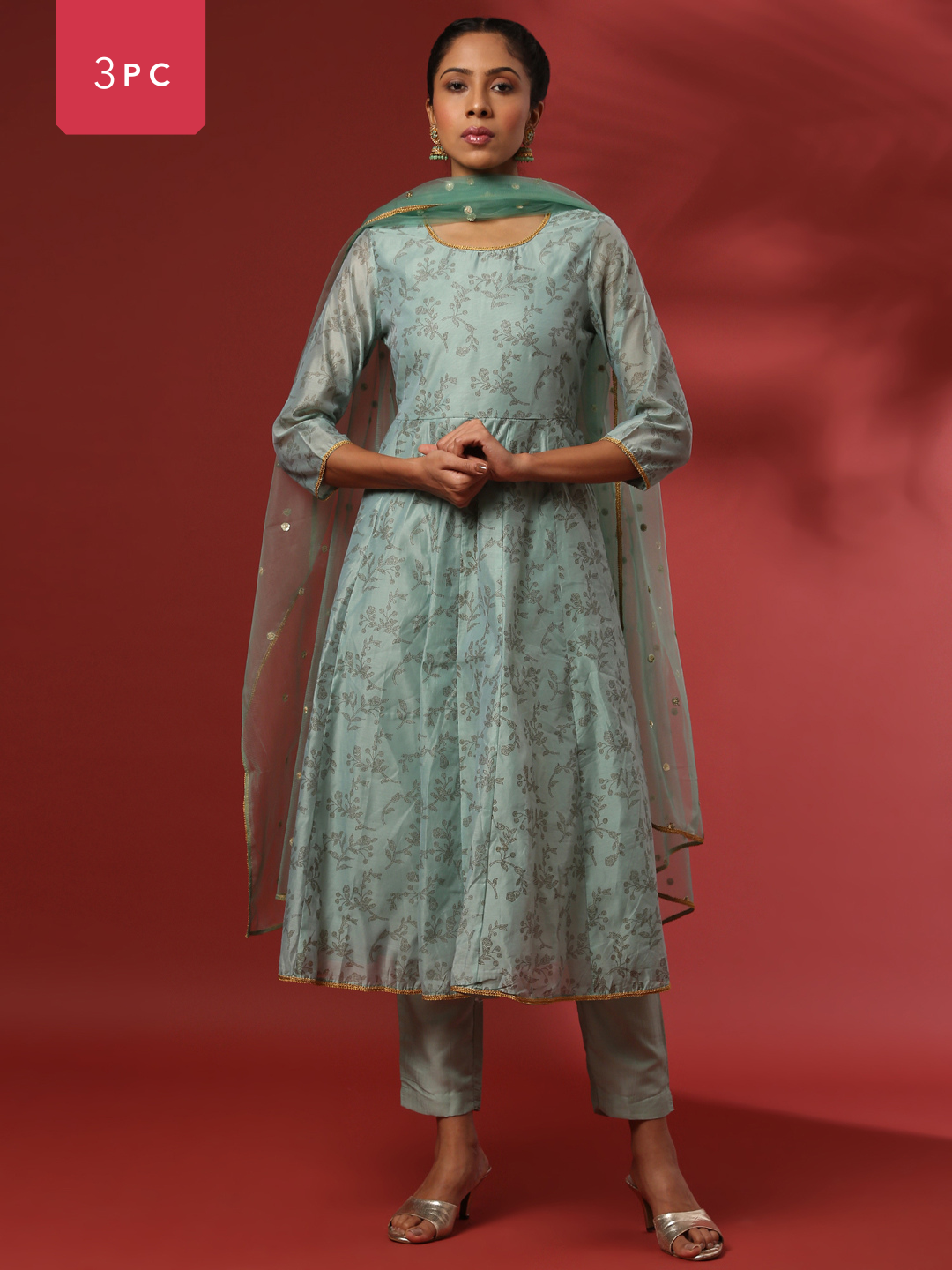 Printed 3pc kurta set with embroidered dupatta-mint