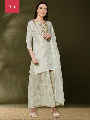 embroidered kurta with brocade flare pants and dupatta-offwhite