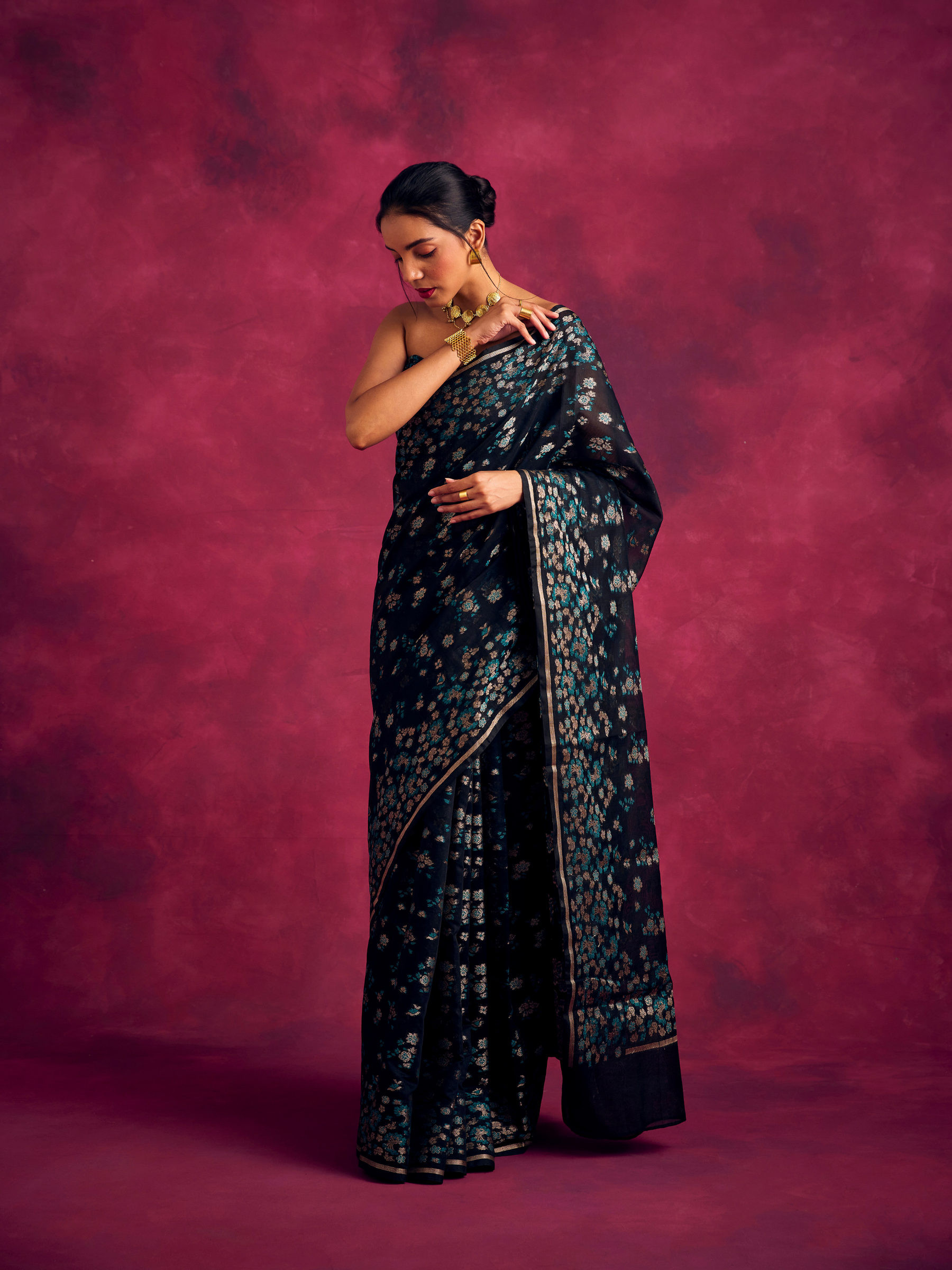Banarasi sakura woven zari saree-Rich black