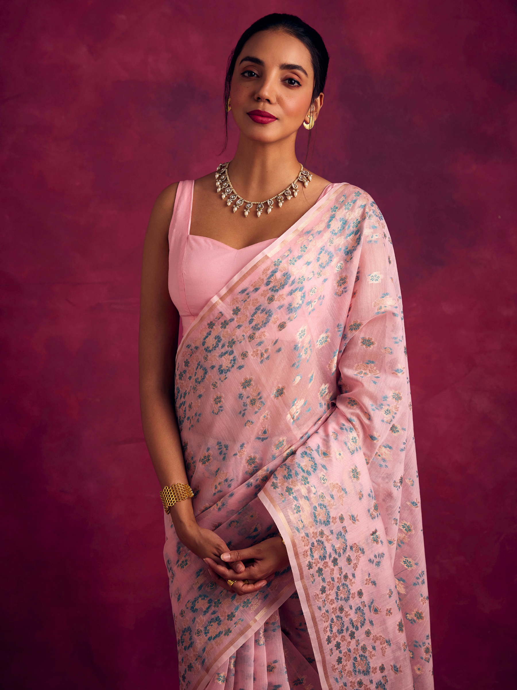 Banarasi sakura woven zari saree-Sakura pink