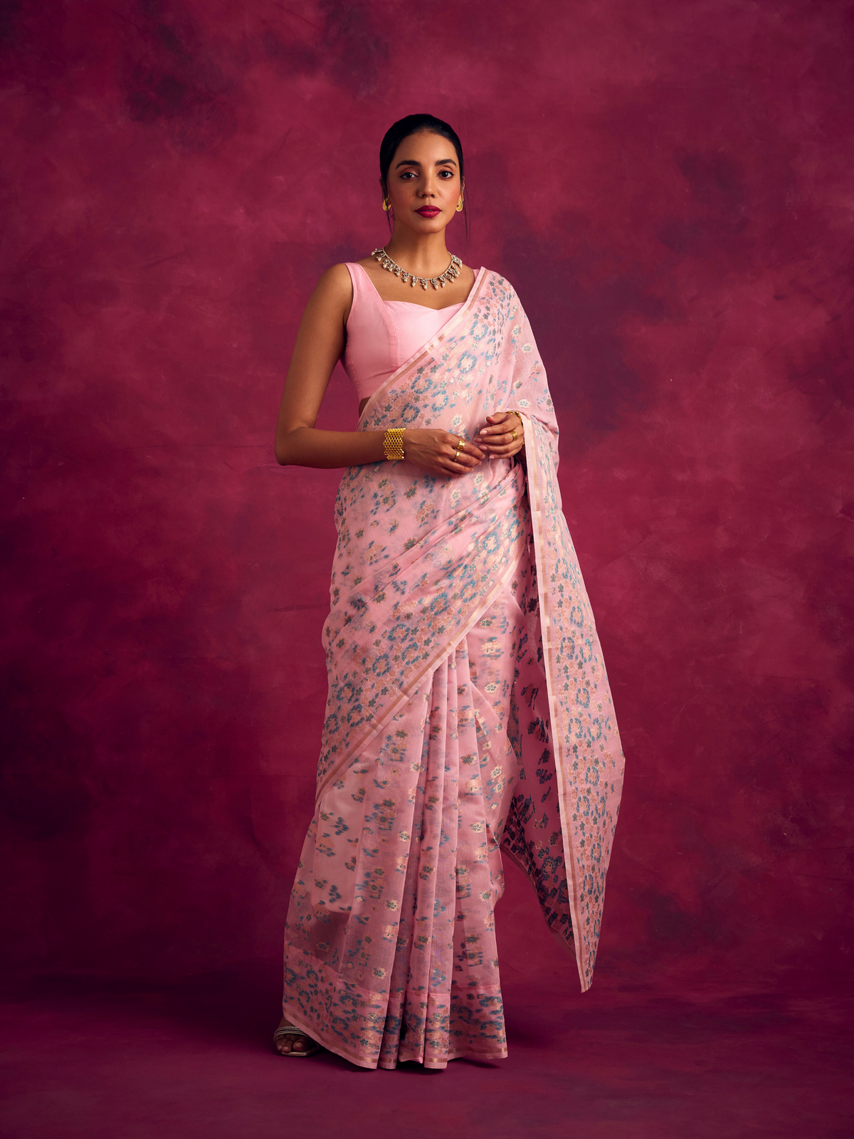 Banarasi sakura woven zari saree-Sakura pink