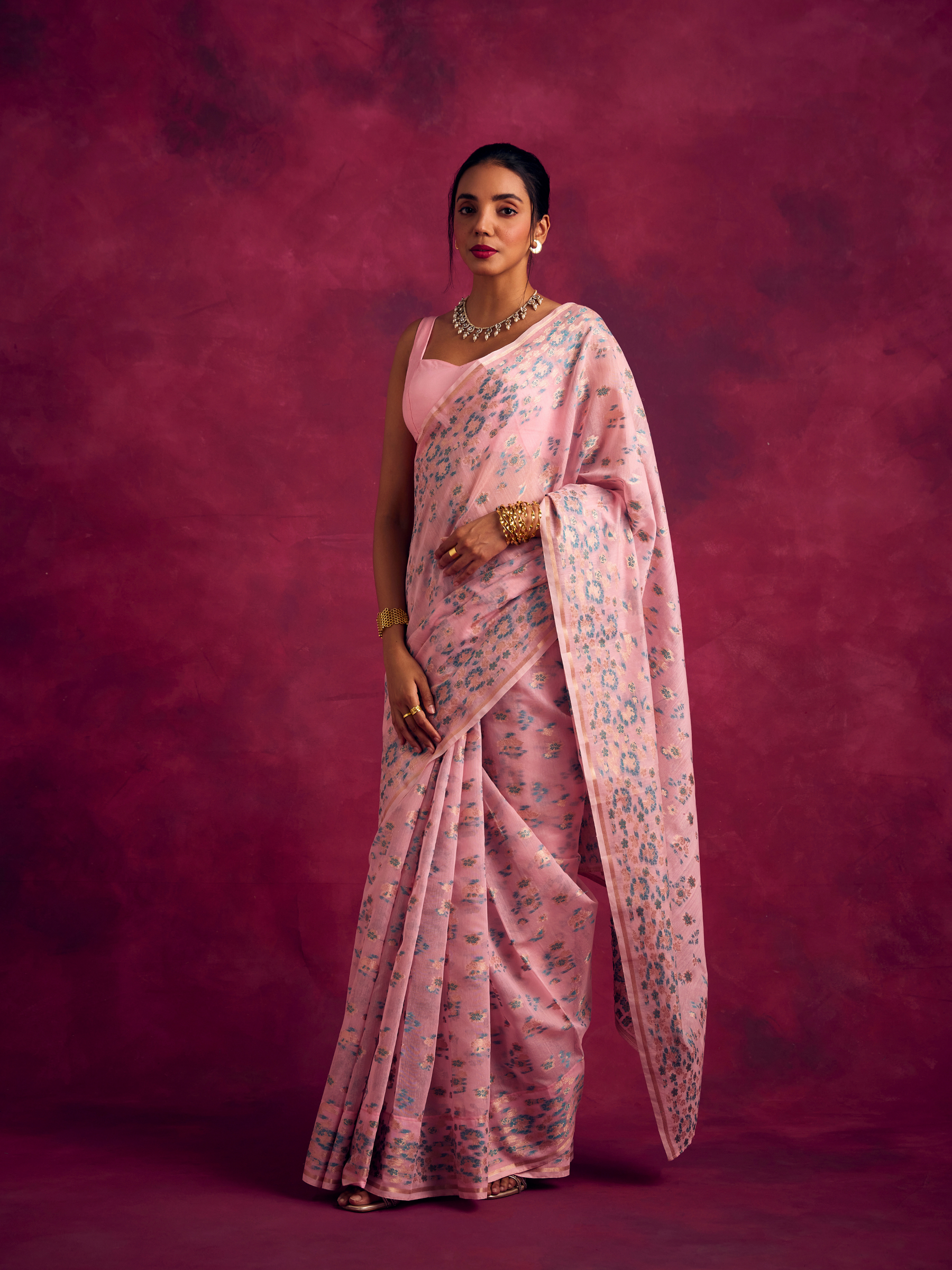 Banarasi sakura woven zari saree-Sakura pink