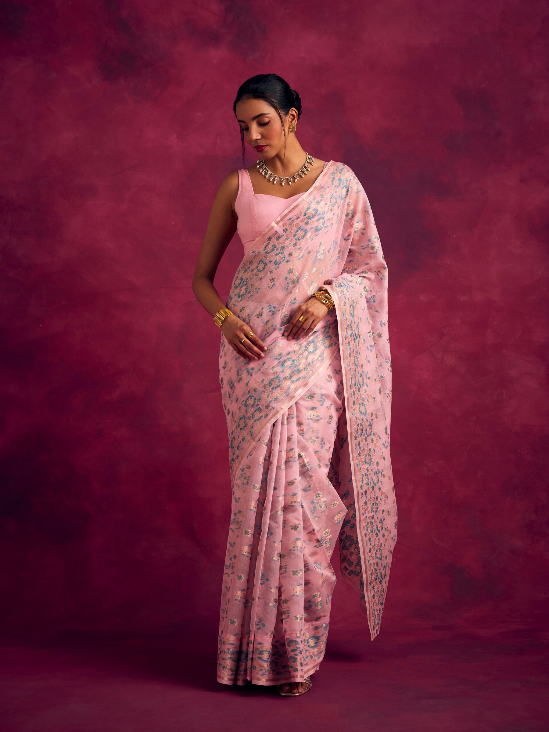 Banarasi sakura woven zari saree-Sakura pink