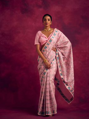 Banarasi sakura checks woven zari saree-Sakura pink