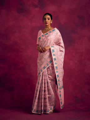 Banarasi sakura checks woven zari saree-Sakura pink