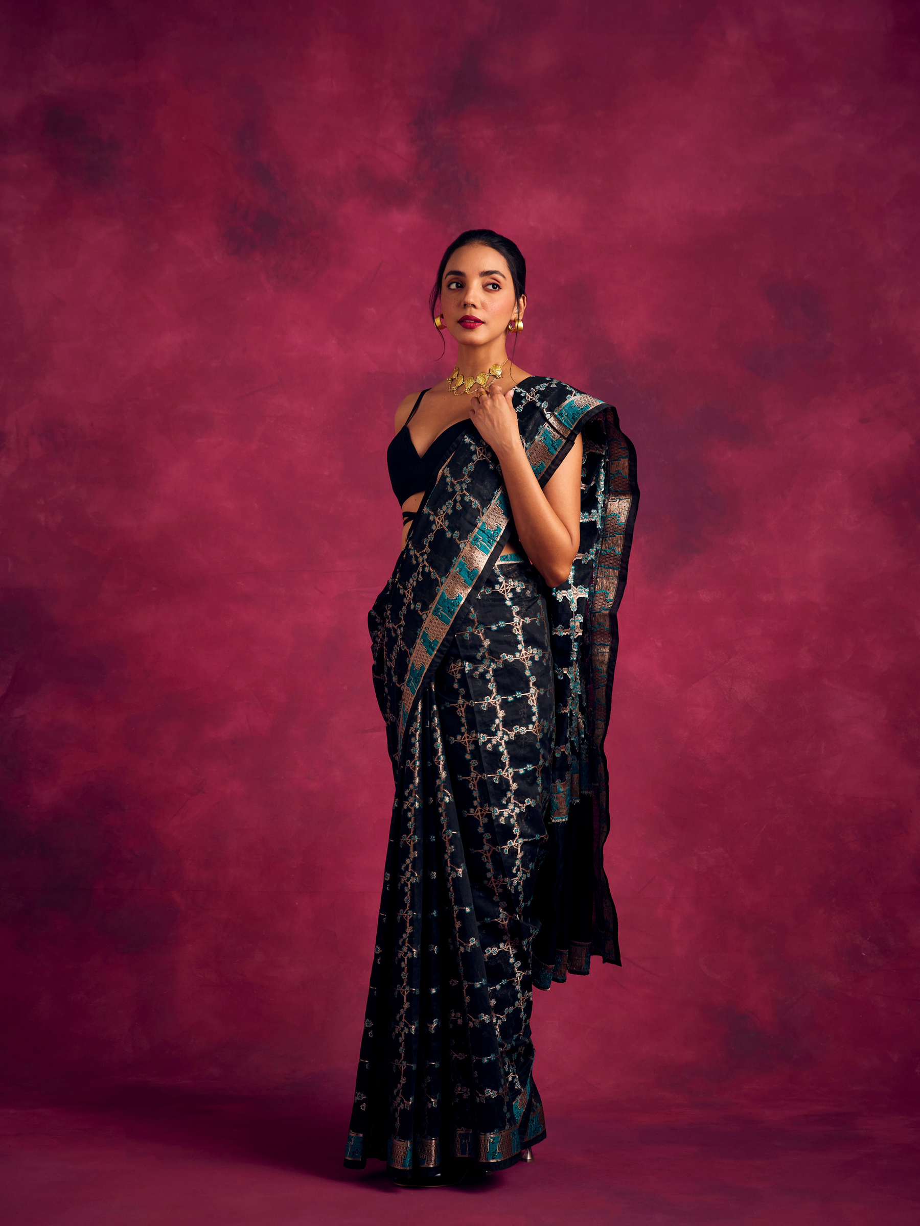 Banarasi sakura checks woven zari saree-Rich Black