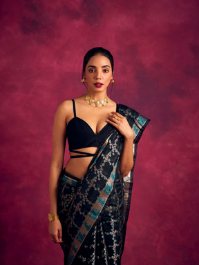 Banarasi sakura checks woven zari saree-Rich Black