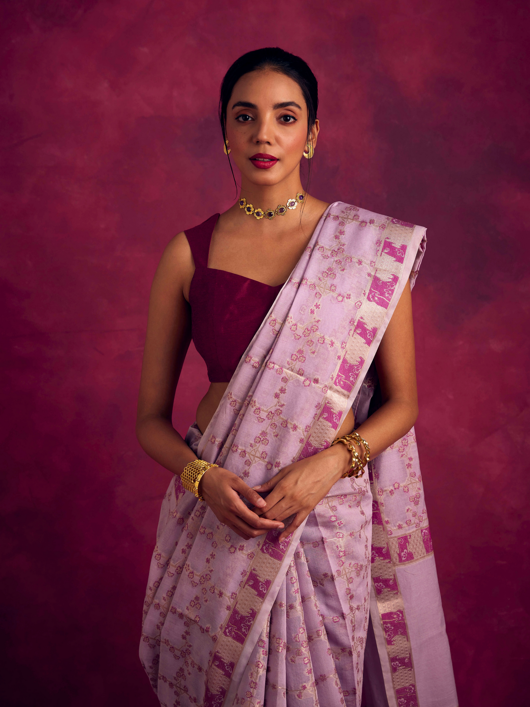 Banarasi sakura checks woven zari saree-Lavender