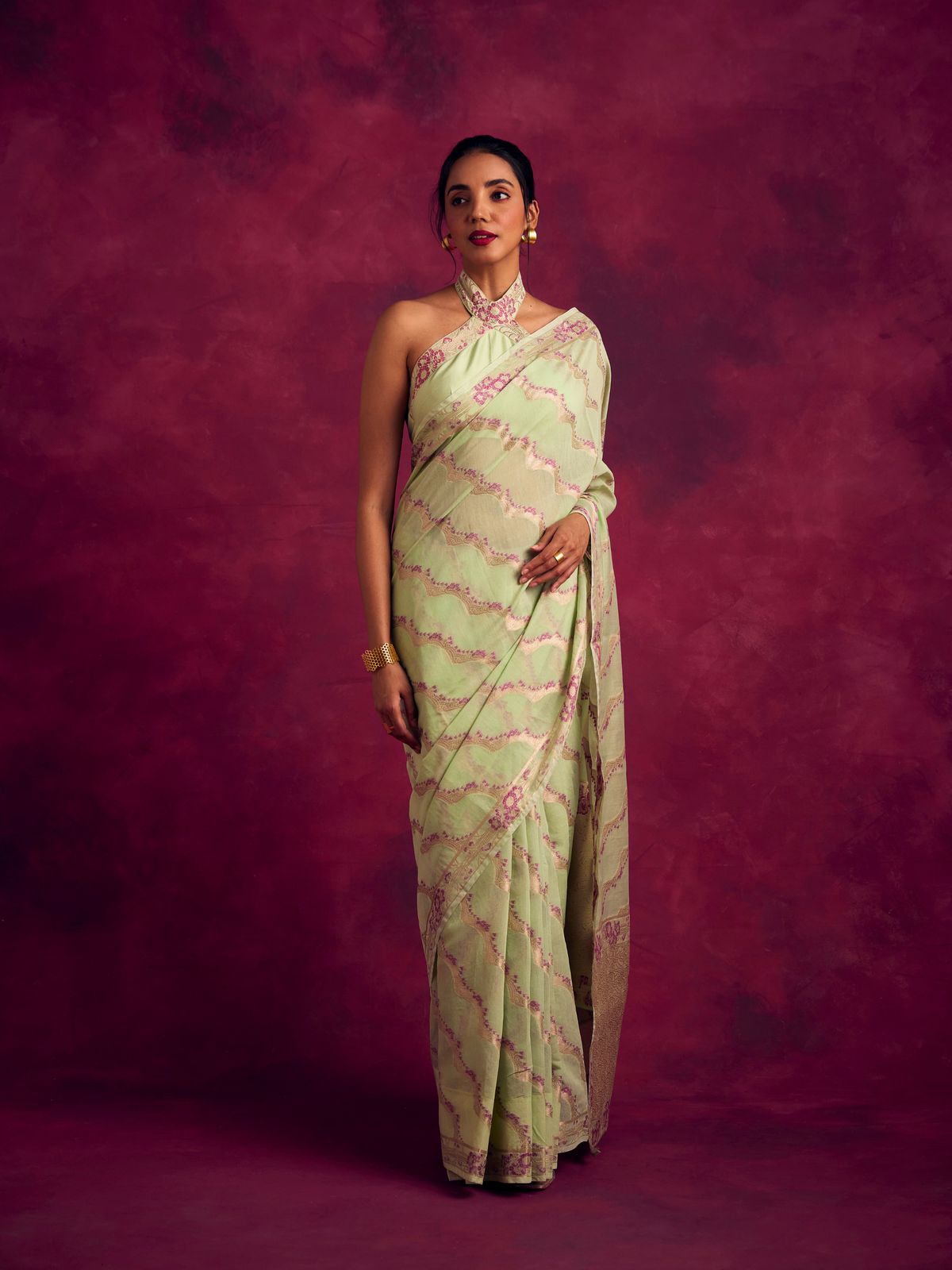 Banarasi kamikaze woven zari saree-Pistachio green