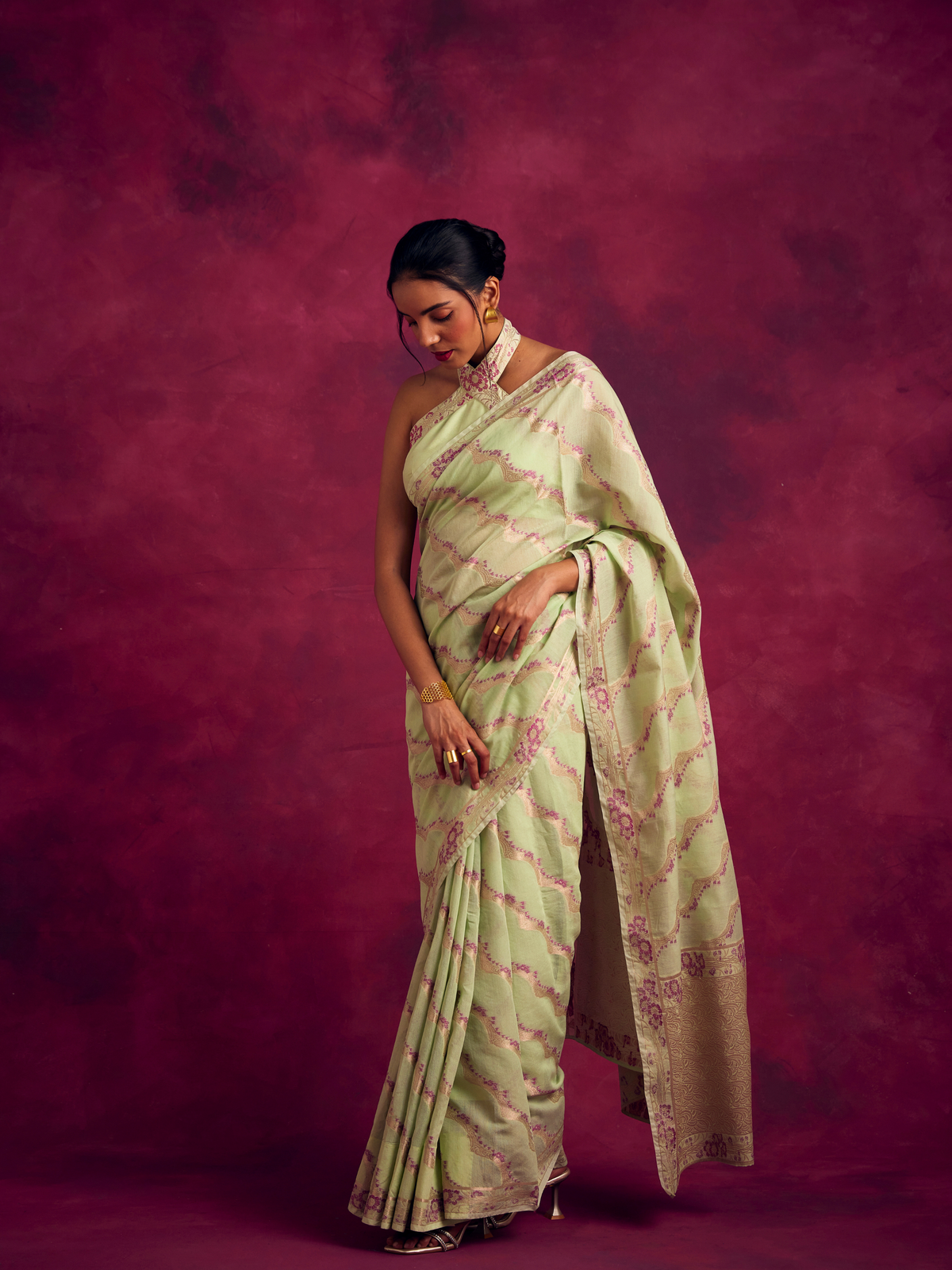 Banarasi kamikaze woven zari saree-Pistachio green