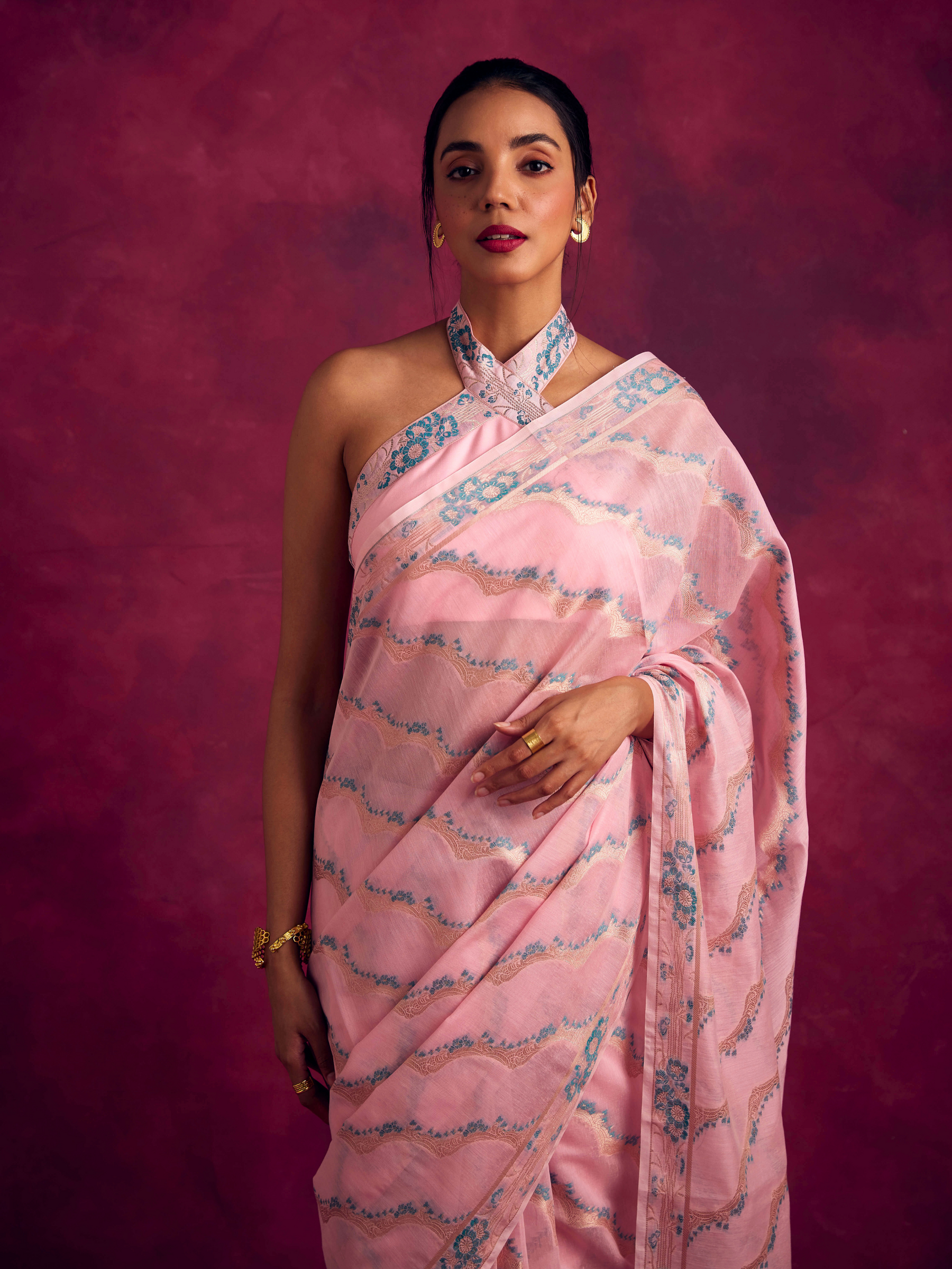 Banarasi kamikaze woven zari saree-Pastel Pink