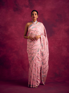 Banarasi kamikaze woven zari saree-Pastel Pink