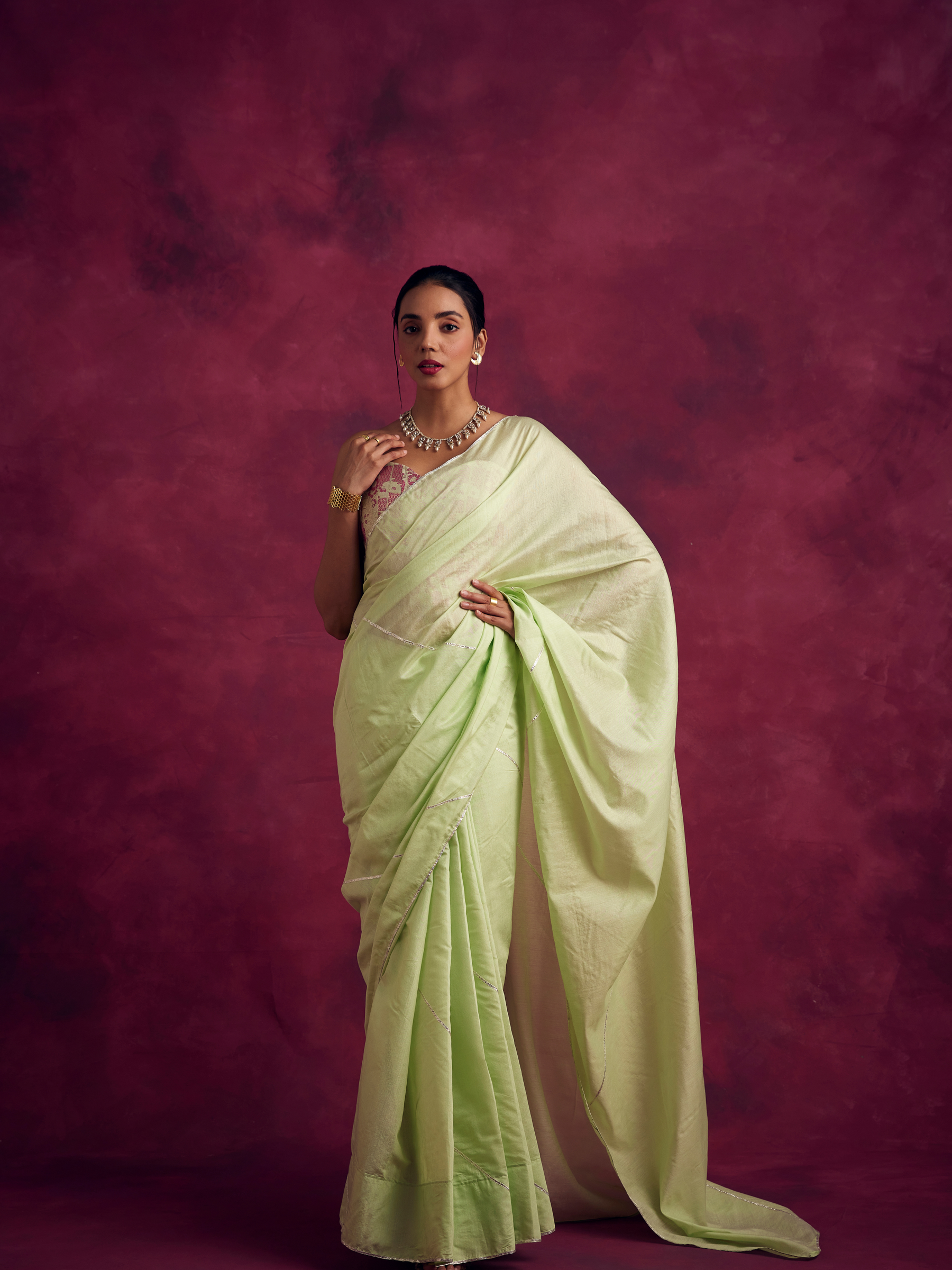 Semi Chinia Silk saree with gota patti highlights-Pistachio green