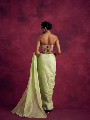 Semi Chinia Silk saree with gota patti highlights-Pistachio green