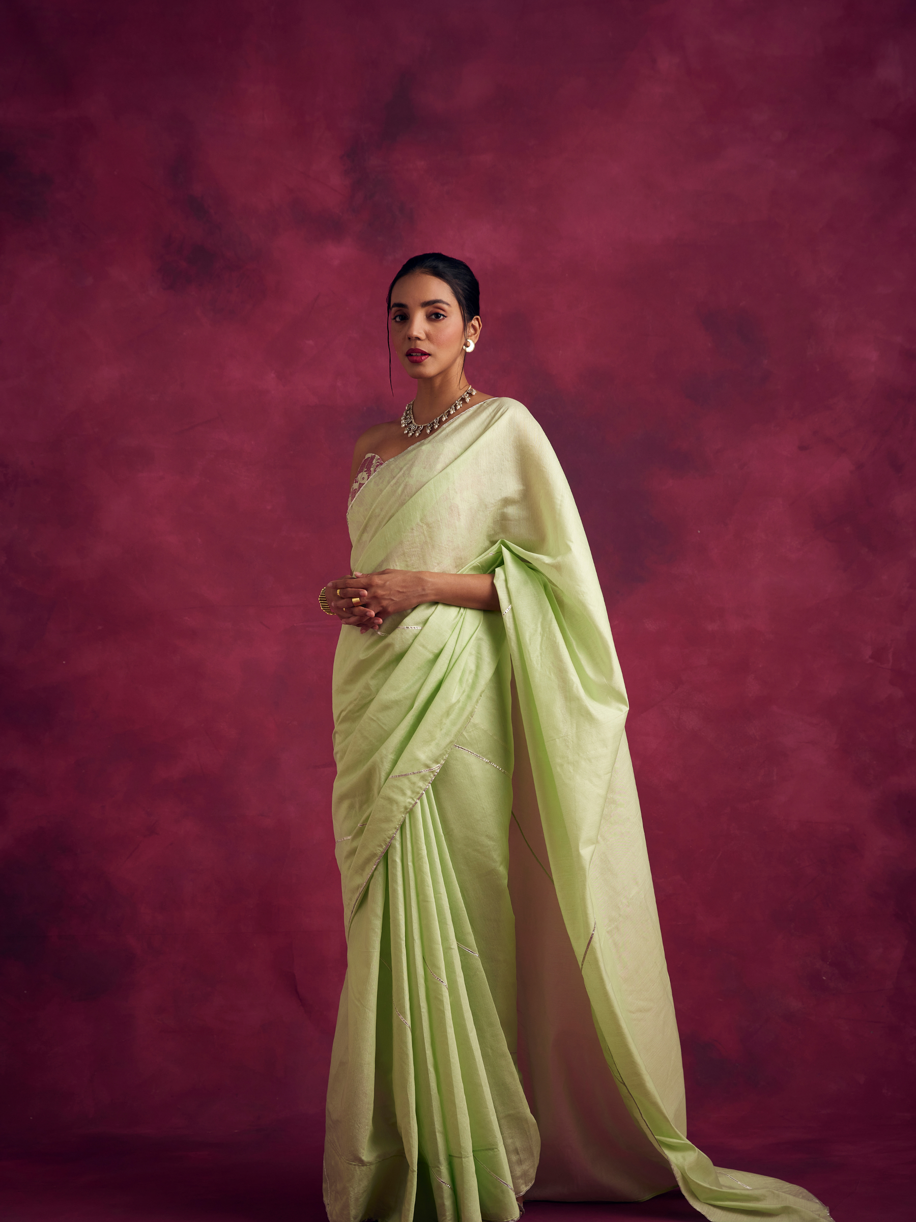 Semi Chinia Silk saree with gota patti highlights-Pistachio green