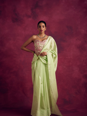 Semi Chinia Silk saree with gota patti highlights-Pistachio green