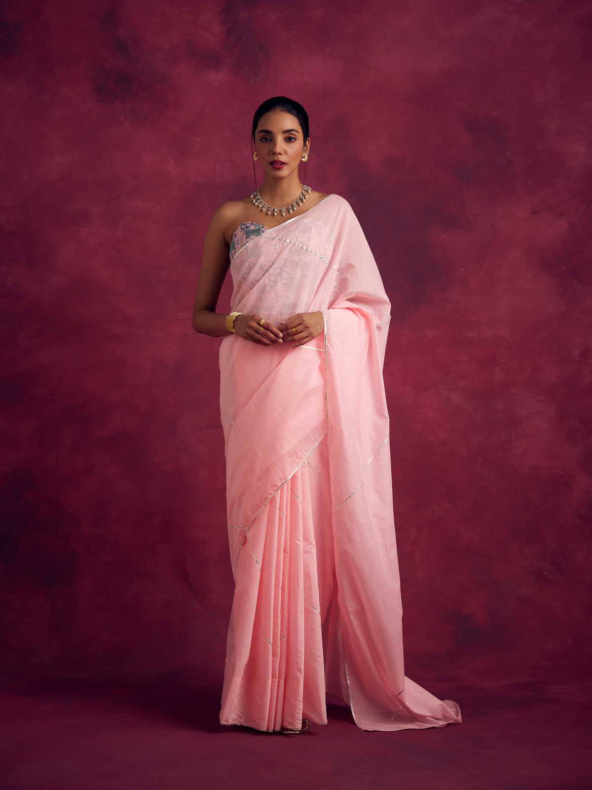 Semi Chinia Silk saree with gota patti highlights-Sakura pink