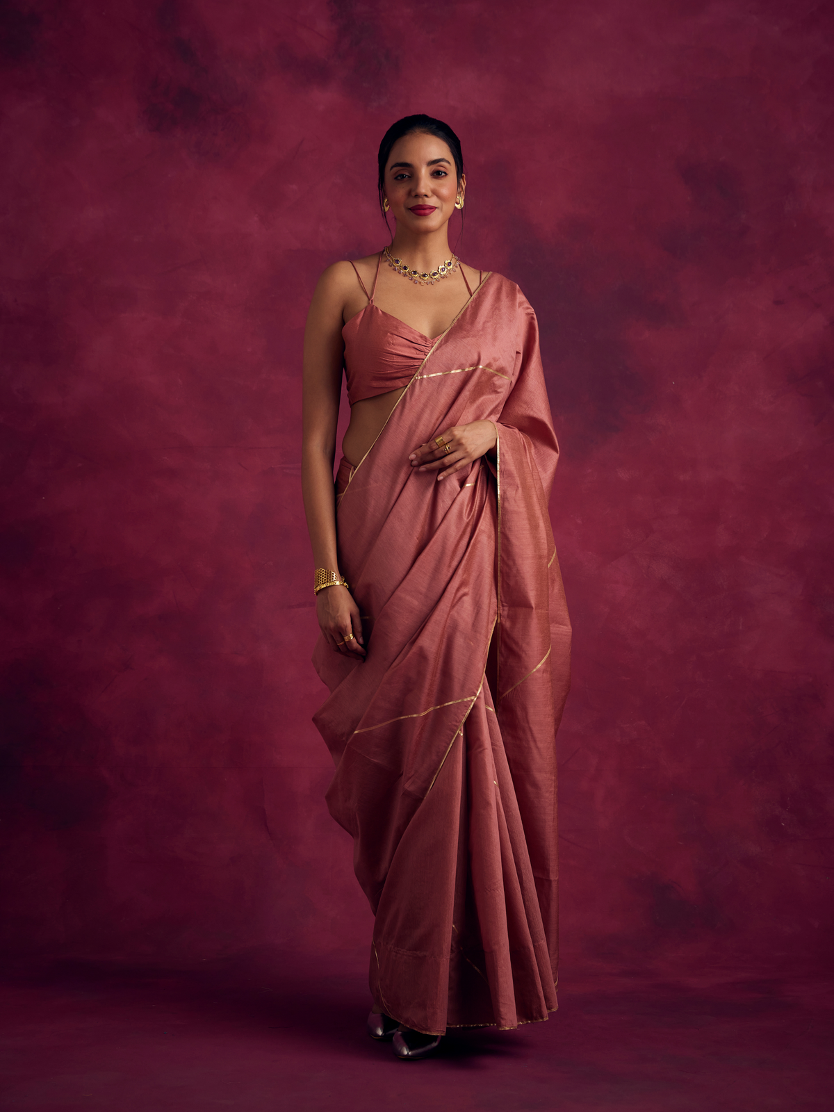 Semi Chinia Silk saree with gota patti highlights-Rose Brown