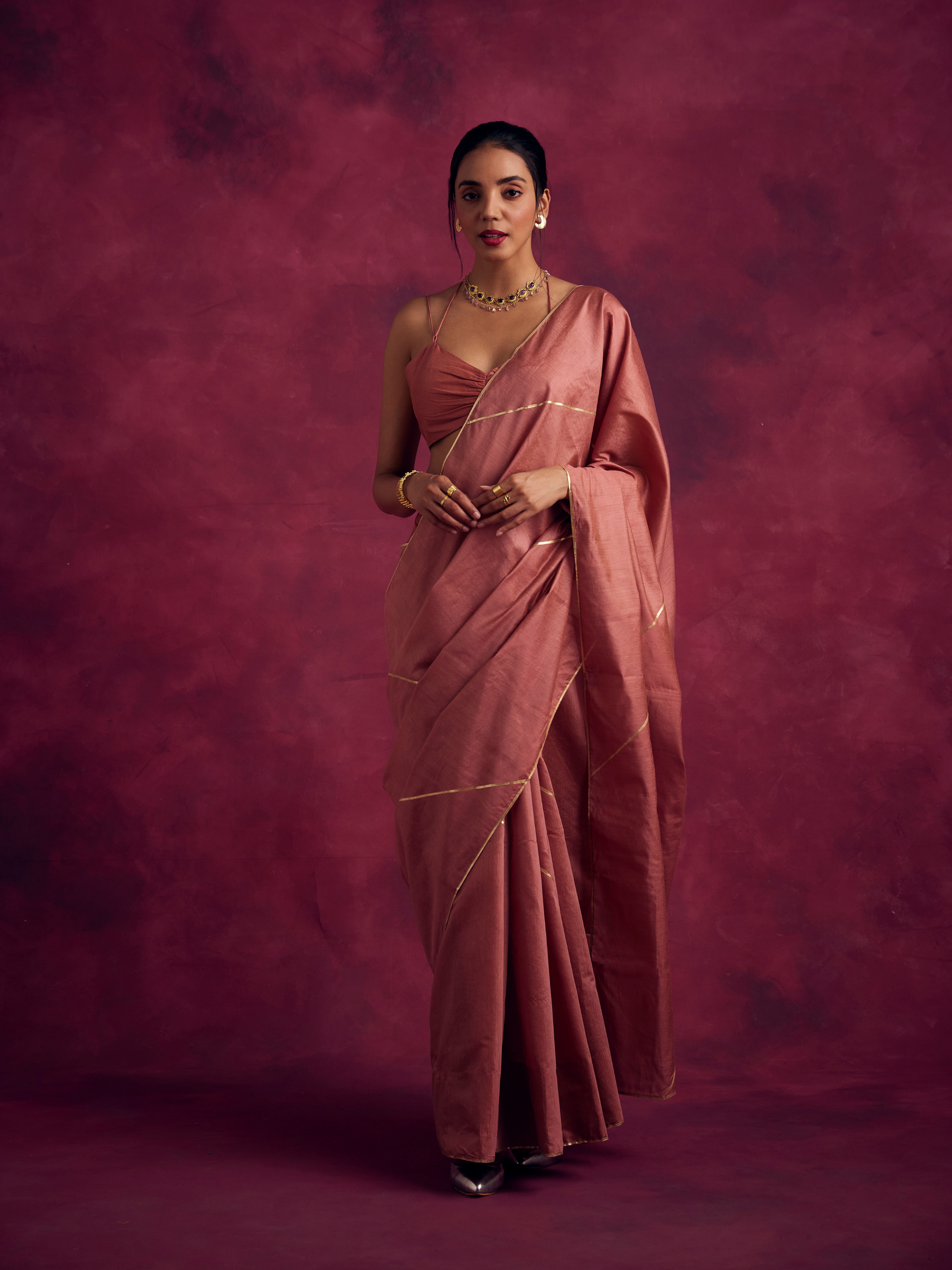 Semi Chinia Silk saree with gota patti highlights-Rose Brown