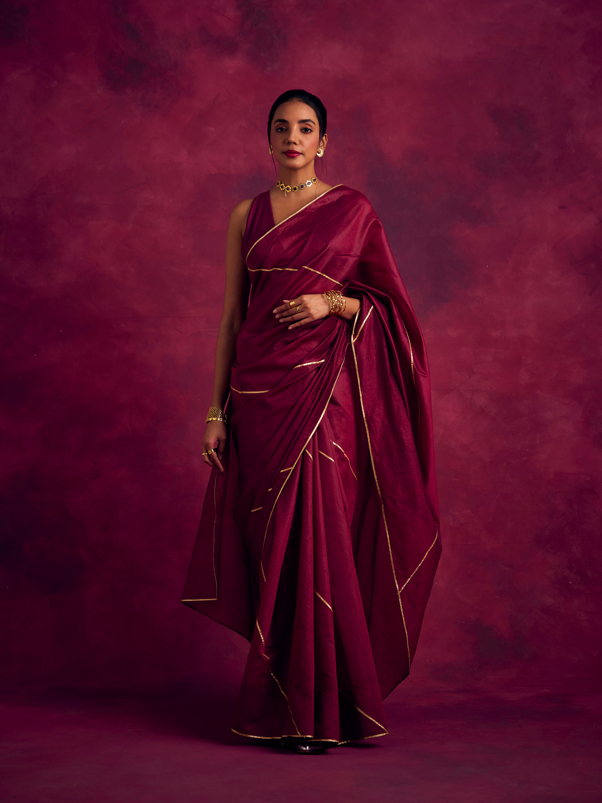 Semi Chinia Silk saree with gota patti highlights-Cabaret Pink