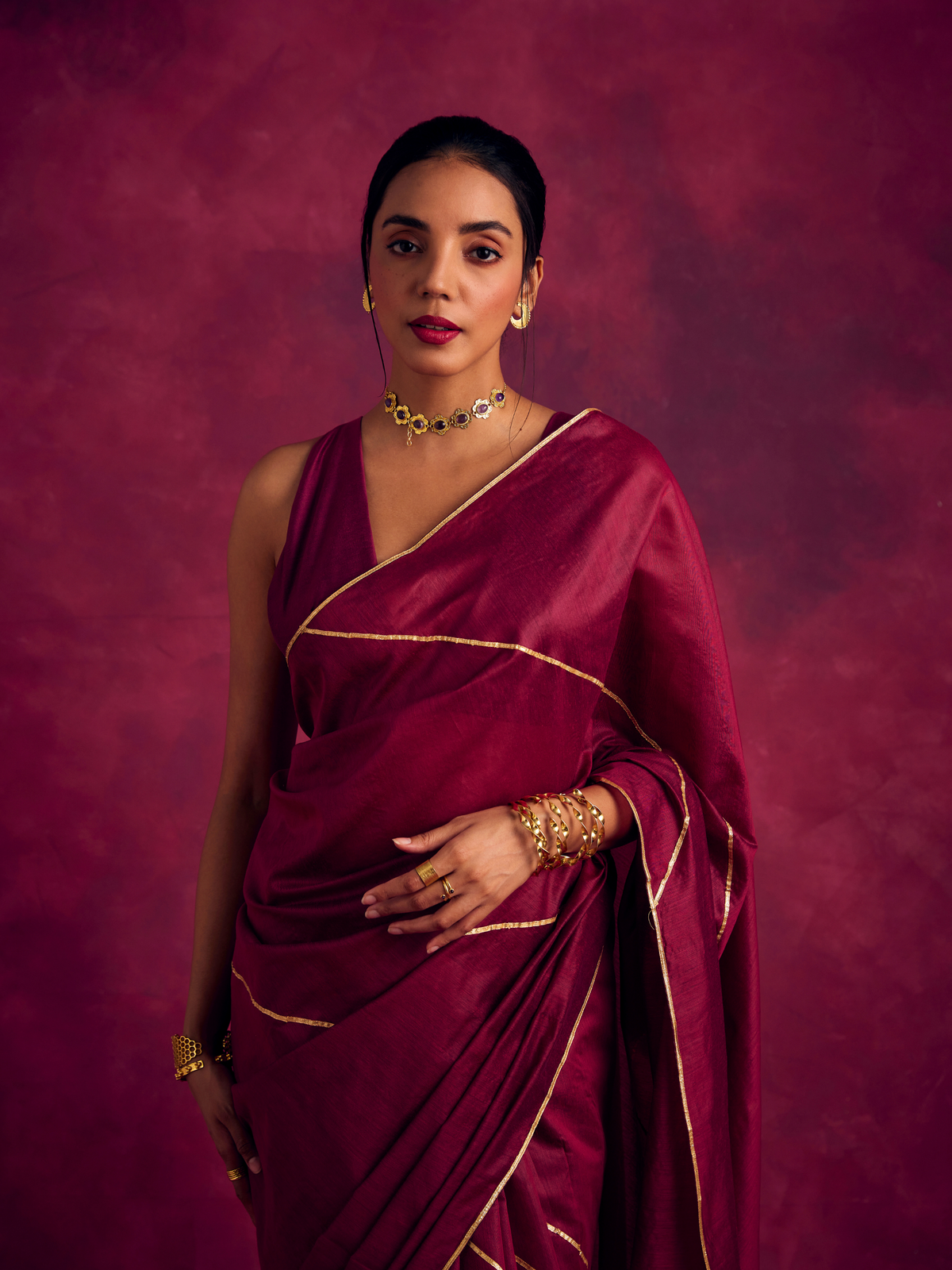 Semi Chinia Silk saree with gota patti highlights-Cabaret Pink