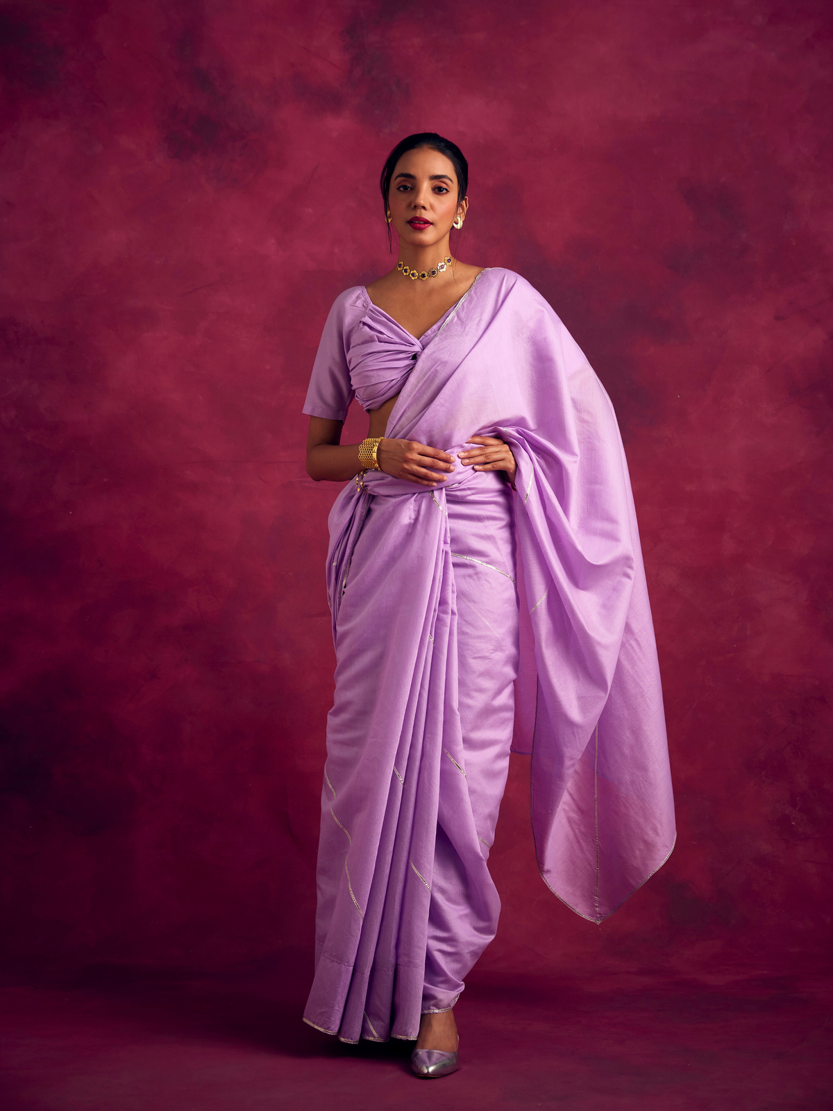 Semi Chinia Silk saree with gota patti highlights-Lavender