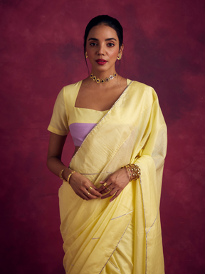 Semi Chinia Silk saree with gota patti highlights-Lemon yellow