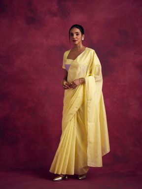 Semi Chinia Silk saree with gota patti highlights-Lemon yellow