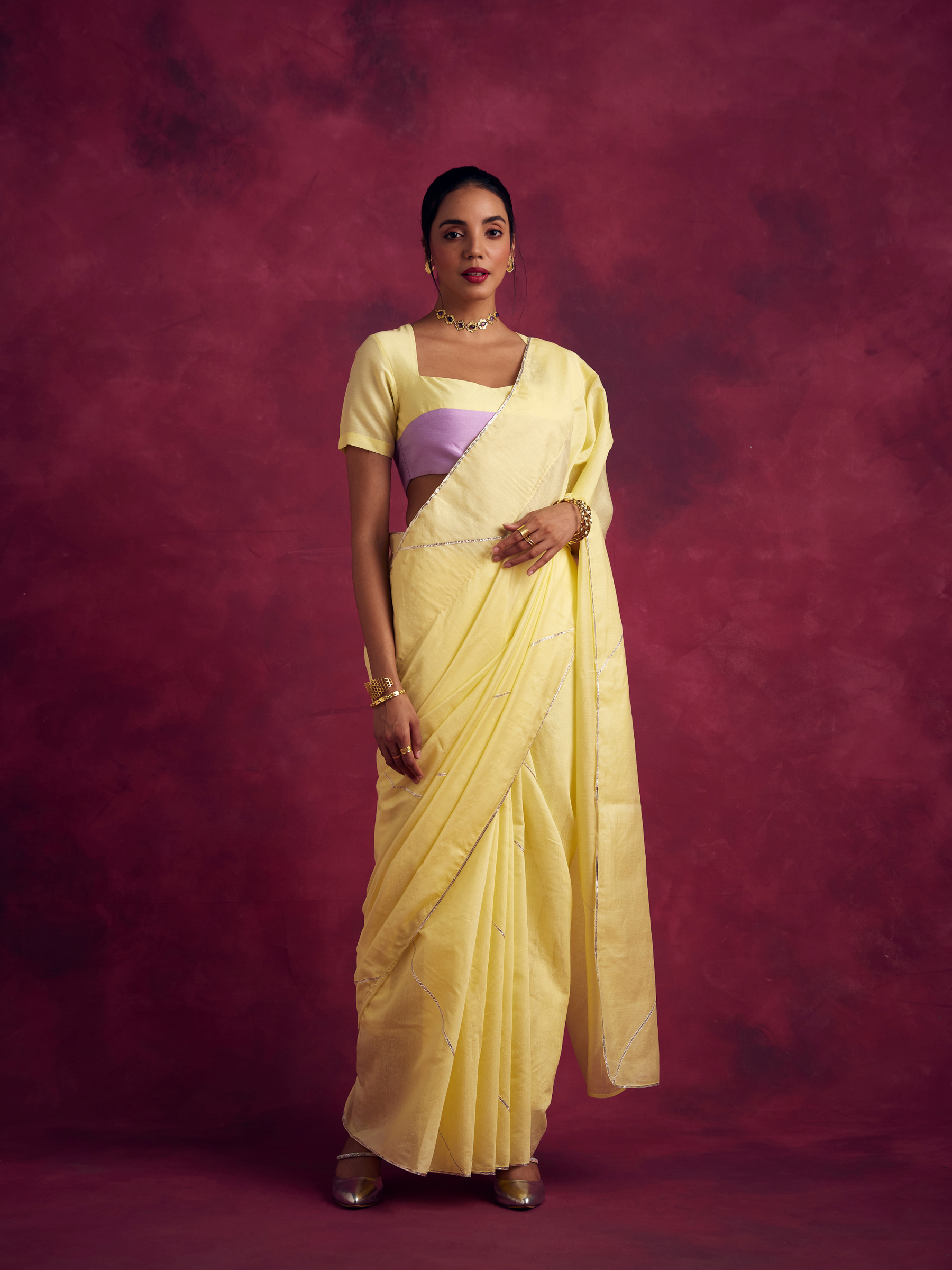 Semi Chinia Silk saree with gota patti highlights-Lemon yellow