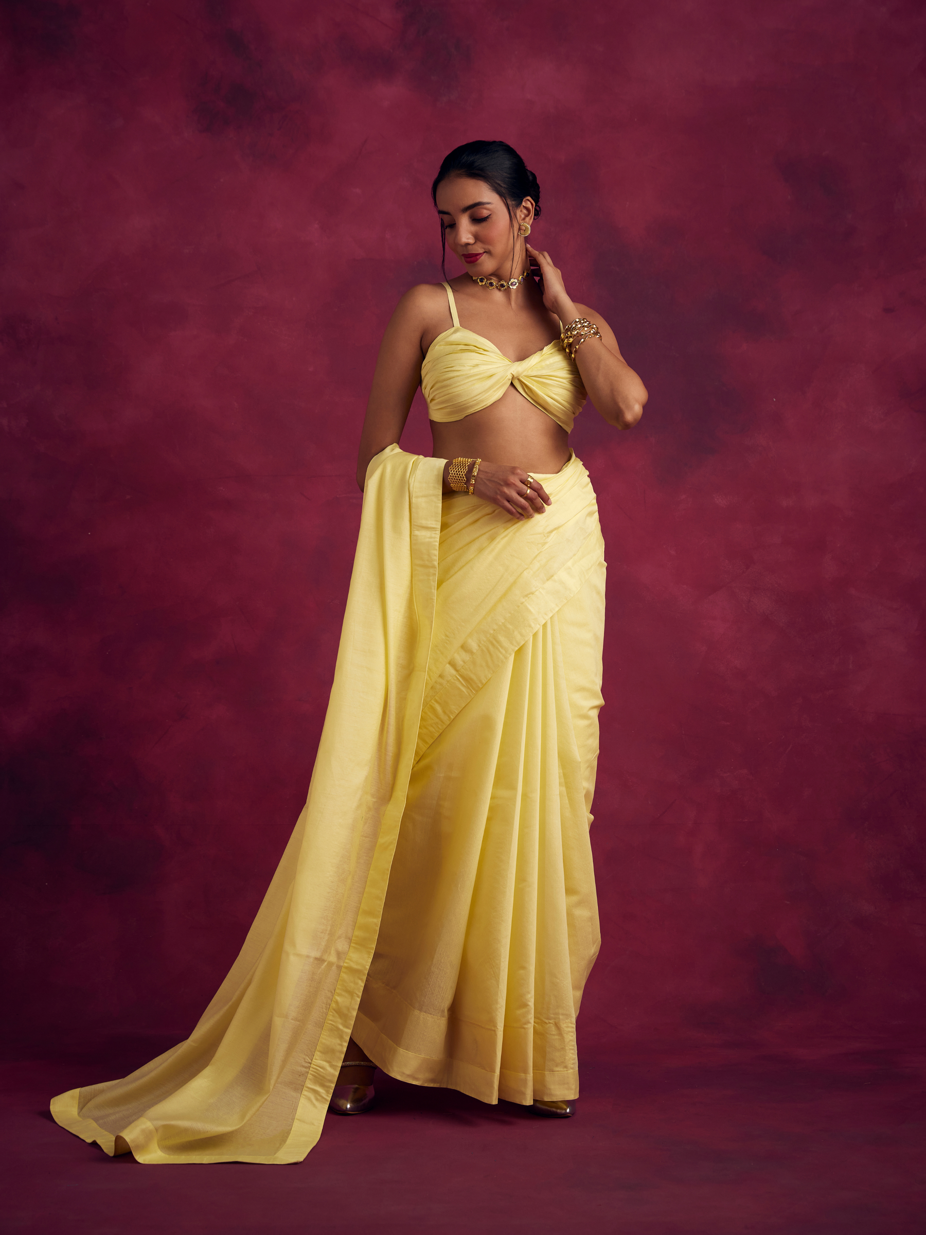 Semi Chinia Silk woven saree -Lemon yellow