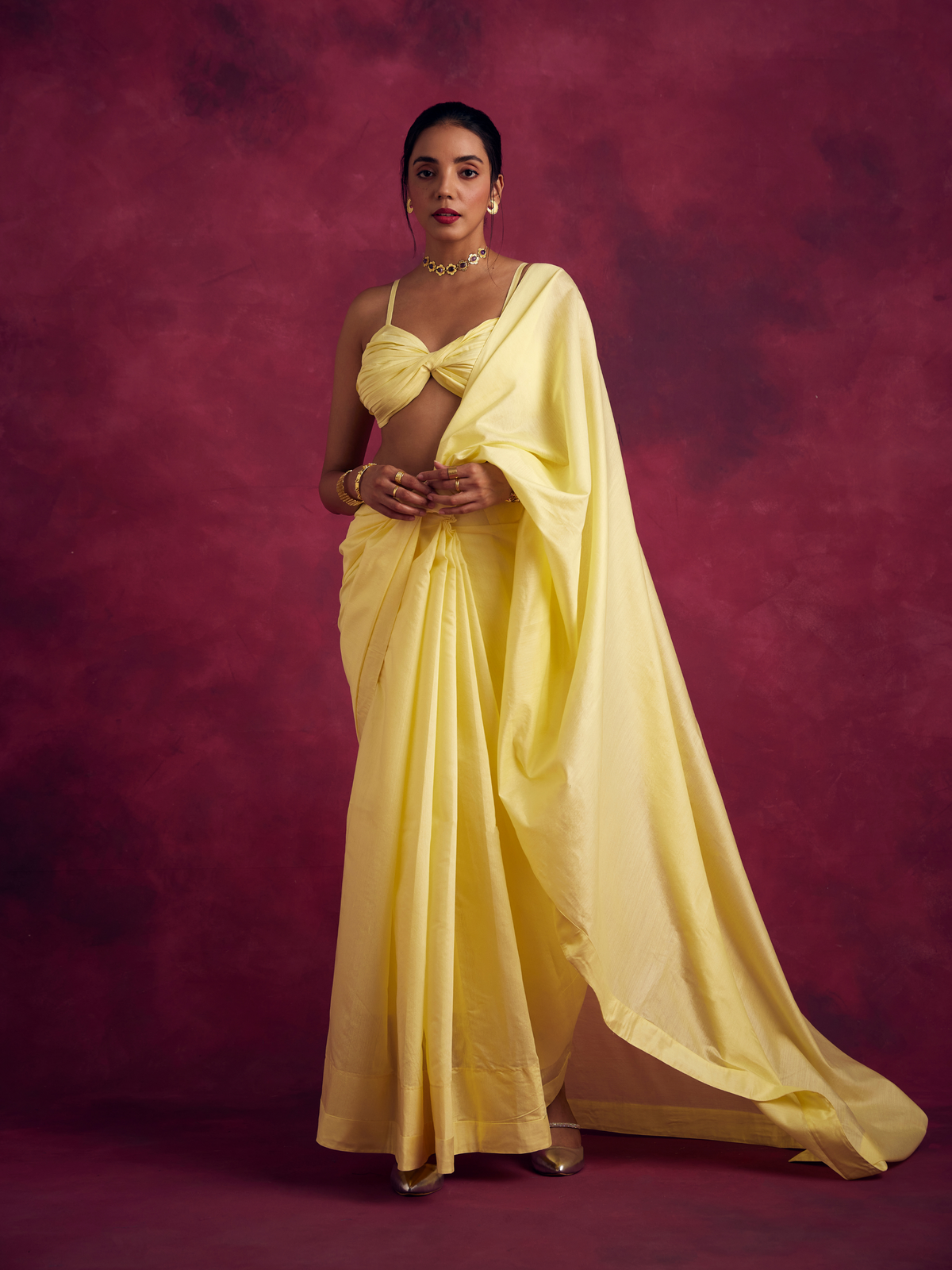 Semi Chinia Silk woven saree -Lemon yellow