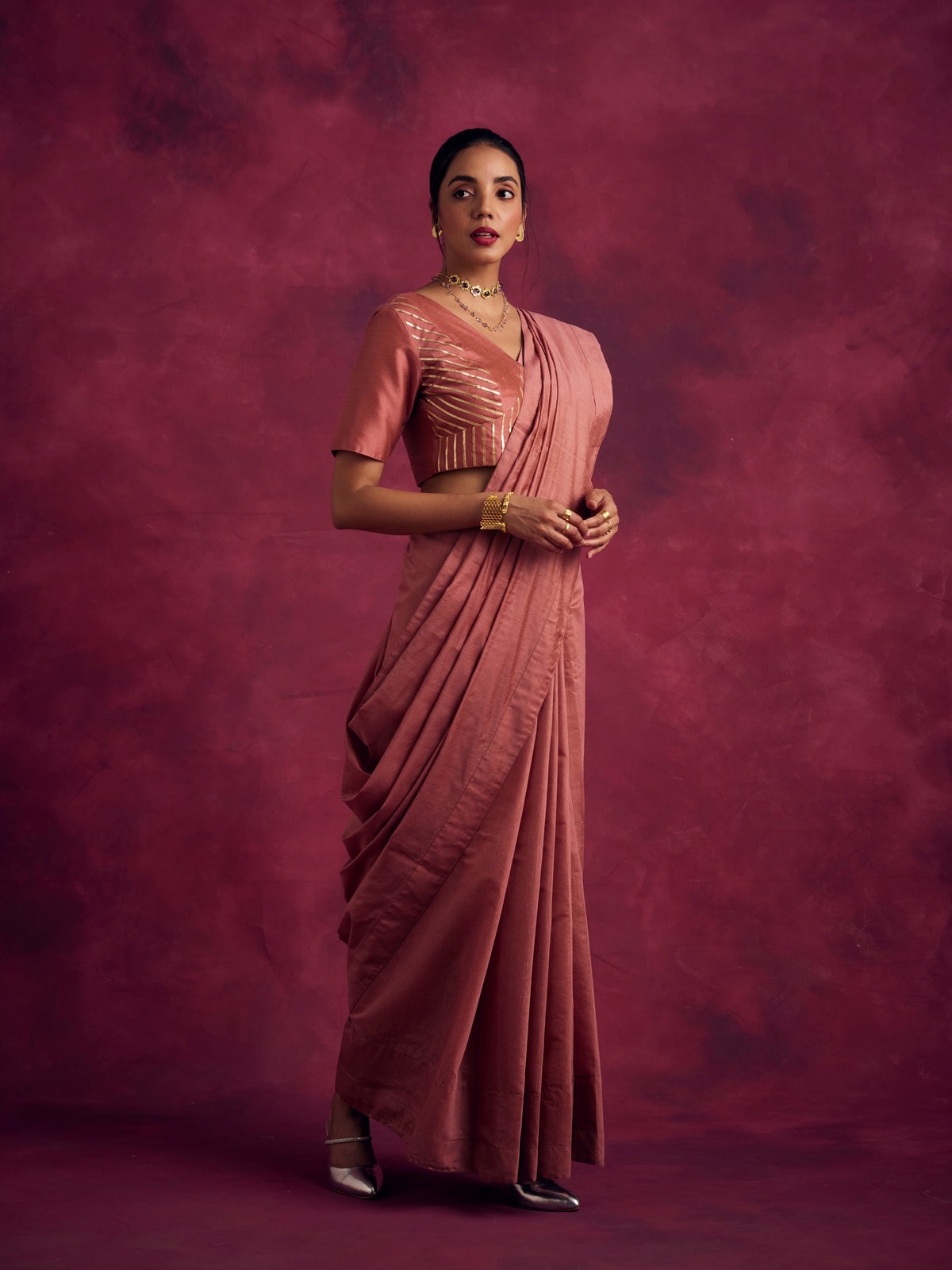 Semi Chinia Silk woven saree -Rose Brown