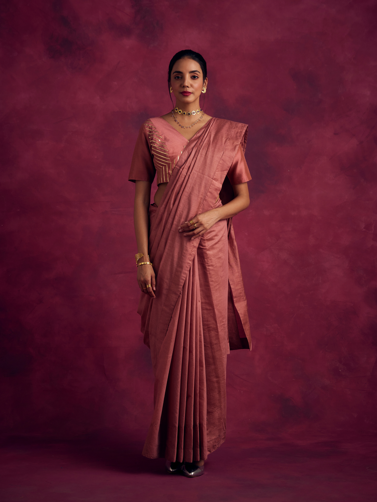 Semi Chinia Silk woven saree -Rose Brown