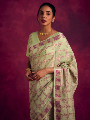 Banarasi sakura checks woven zari saree-  Pistachio green