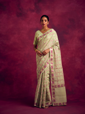 Banarasi sakura checks woven zari saree-  Pistachio green