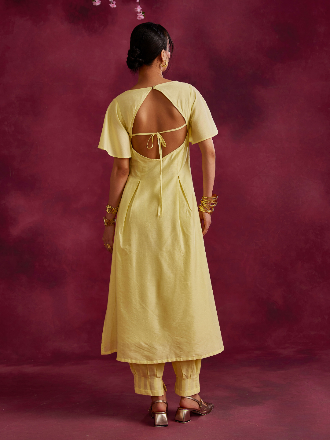 Pleated front with back cut out Kurta Set- Lemon yellow