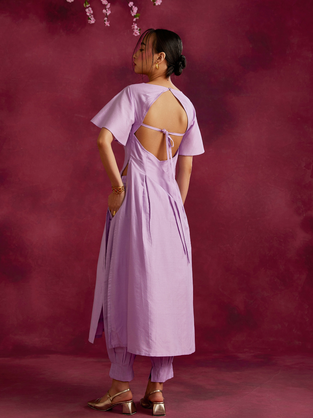 Pleated front with back cut out Kurta Set- Lavender