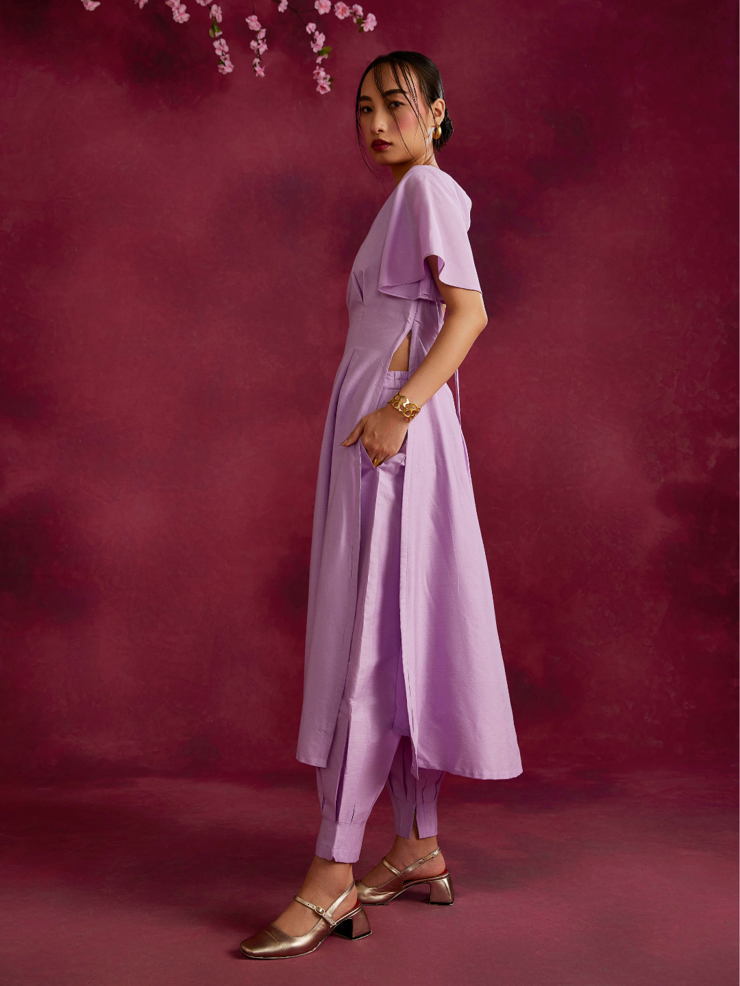 Pleated front with back cut out Kurta Set- Lavender
